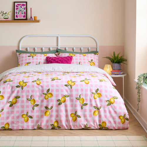  Bedding - Gingham Lemons  Duvet Cover Set Pink Heya Home