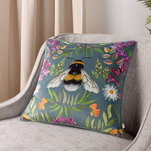 Wylder House of Bloom Zinnia Bee Cushion Cover in Steel Blue