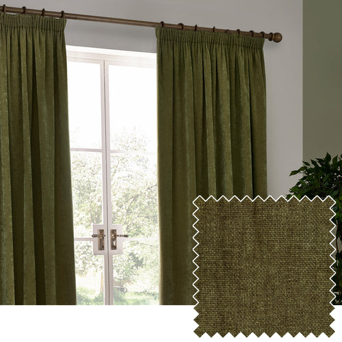  Curtains - Heavy Chenille Velvet Blackout Pencil Pleat Curtains Olive Yard