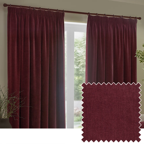 Plain Red Curtains  - Heavy Chenille Fully Lined Velvet Pencil Pleat Curtains Beetroot Yard