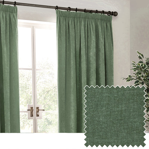 Plain Green Curtains - Heavy Chenille Velvet Pencil Pleat Curtains Eucalyptus Yard