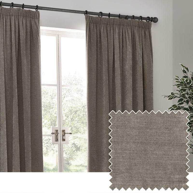 Plain Grey Curtains - Heavy Chenille Velvet Pencil Pleat Curtains Greige Yard