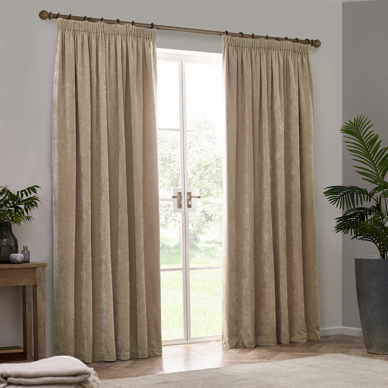 Plain Beige Curtains - Heavy Chenille Velvet Pencil Pleat Curtains Natural Yard