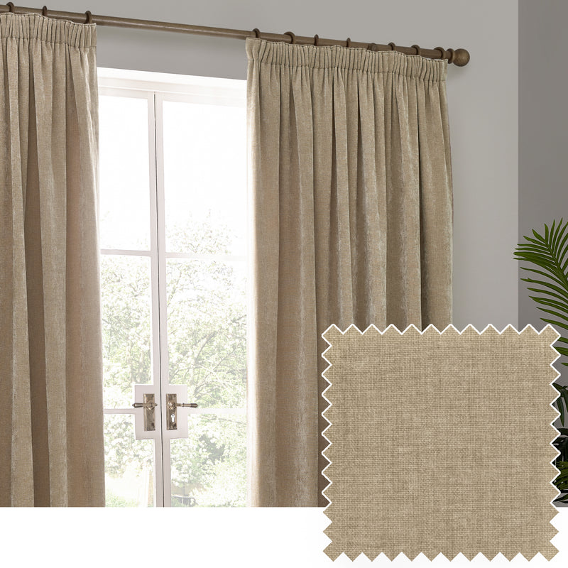 Plain Beige Curtains - Heavy Chenille Velvet Pencil Pleat Curtains Natural Yard