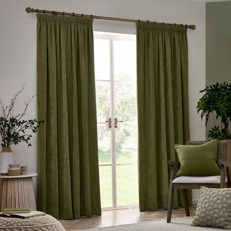 Plain Green Curtains - Heavy Chenille Velvet Pencil Pleat Curtains Olive Yard