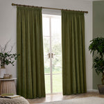 Plain Green Curtains - Heavy Chenille Velvet Pencil Pleat Curtains Olive Yard