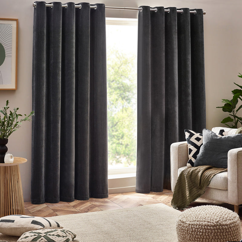 Yard Heavy Chenille Room Darkening Eyelet Curtains in Charcoal