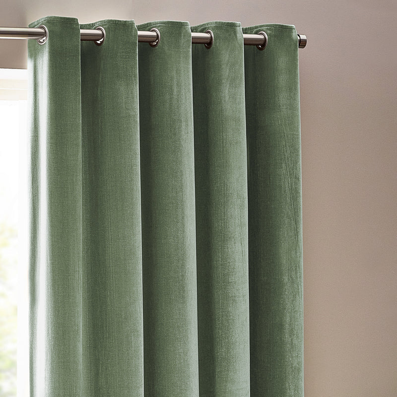 Plain Green Curtains - Heavy Chenille Velvet Eyelet Curtains Eucalyptus Yard