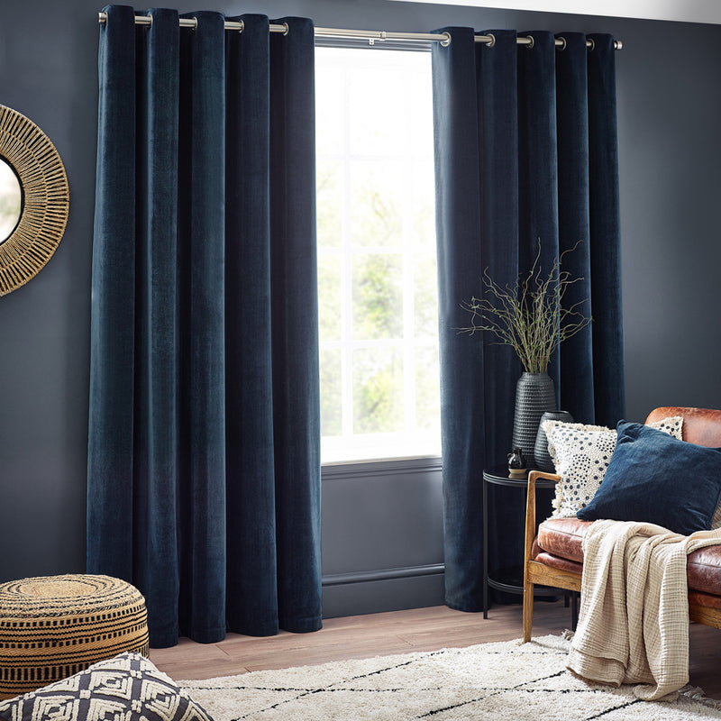 Yard Heavy Chenille Room Darkening Eyelet Curtains in Navy