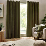 Plain Green Curtains - Heavy Chenille Room Darkening Eyelet Curtains Olive Yard