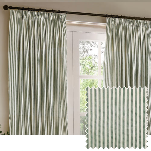 Striped Green Curtains - Hebden Striped 100% Cotton Lined Pencil Pleat Curtains Forest Green Yard