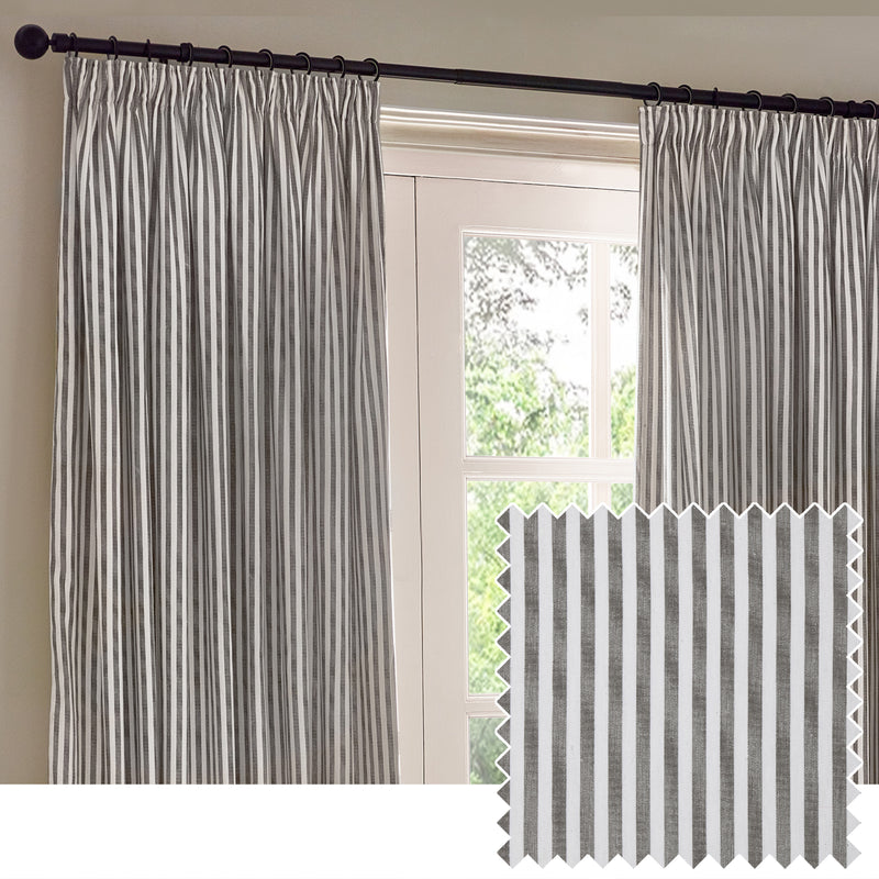 Striped Grey Curtains - Hebden Striped Cotton Pencil Pleat Curtains Grey Yard