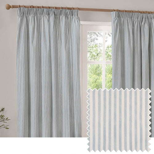  Curtains - Hebden Striped 100% Cotton Lined Pencil Pleat Curtains Mineral Blue Yard