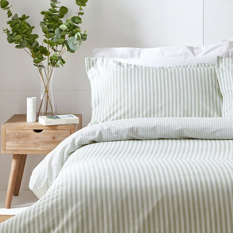 Striped Green Bedding - Hebden Mélange Stripe 100% Cotton Duvet Cover Set Eucalyptus Yard