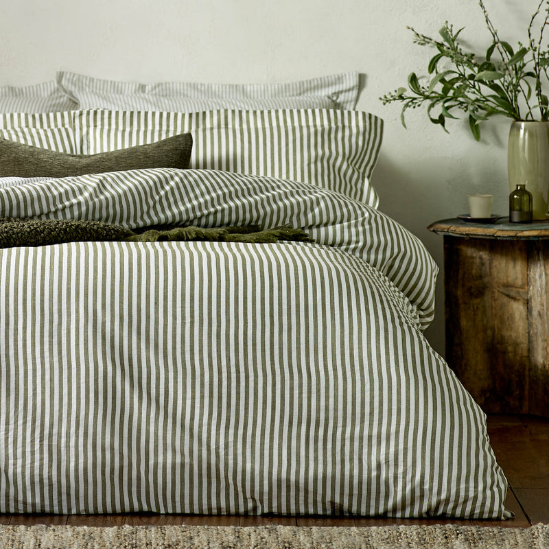  Bedding - Hebden Mélange Stripe 100% Cotton Duvet Cover Set Olive Yard