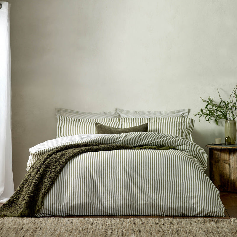  Bedding - Hebden Mélange Stripe 100% Cotton Duvet Cover Set Olive Yard