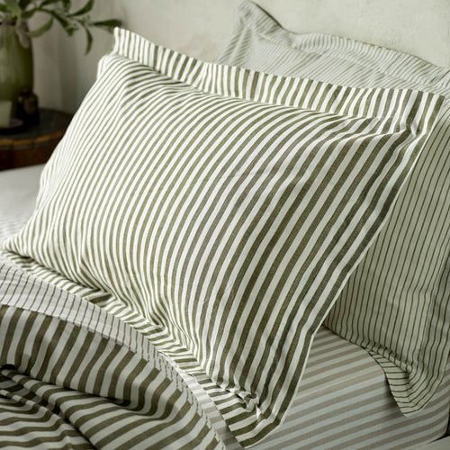 Striped Green Bedding - Hebden Mélange Stripe 100% Cotton Pillowcase Pair Olive Yard
