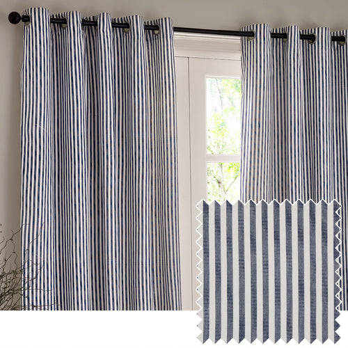 Striped Blue Curtains - Hebden Striped 100% Cotton Lined Eyelet Curtains Navy Yard