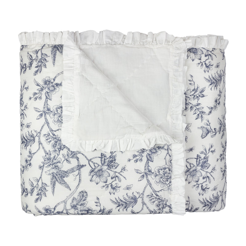 Floral Cream Bedding - Hermione Ruffled Cotton Bedspread Ivory/Blue Wylder Nature