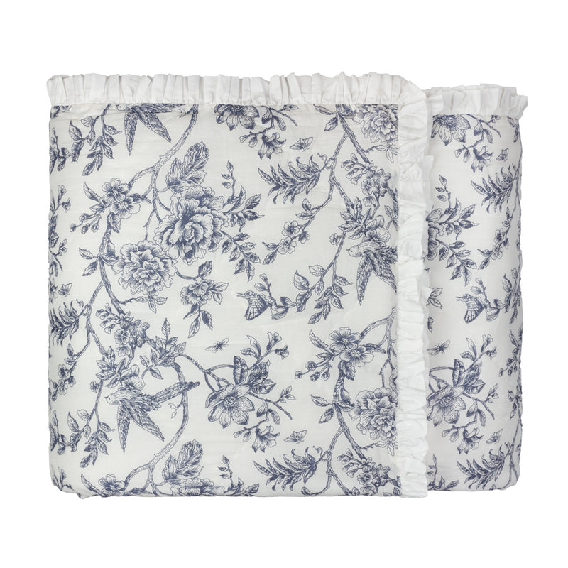 Floral Cream Bedding - Hermione Ruffled Cotton Bedspread Ivory/Blue Wylder Nature