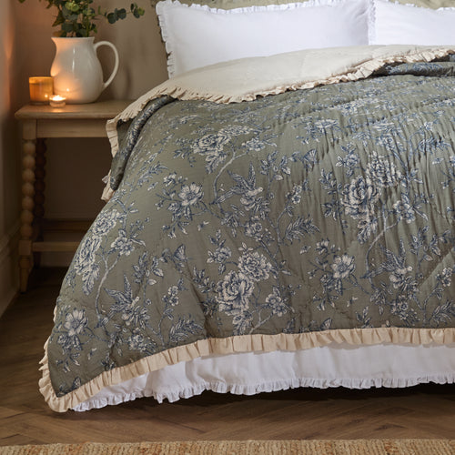 Floral Green Bedding - Hermione Ruffled Cotton Bedspread Moss Wylder