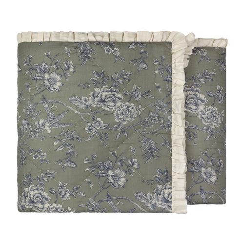 Floral Green Bedding - Hermione Ruffled Cotton Bedspread Moss Wylder Nature