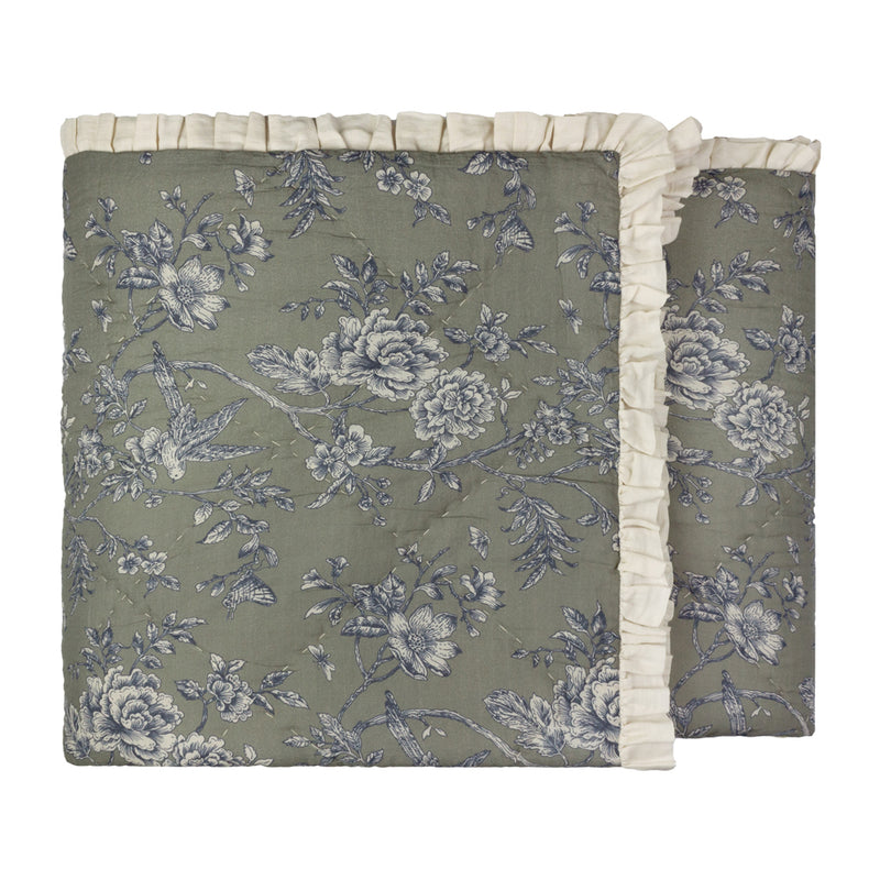 Floral Green Bedding - Hermione Ruffled Cotton Bedspread Moss Wylder Nature