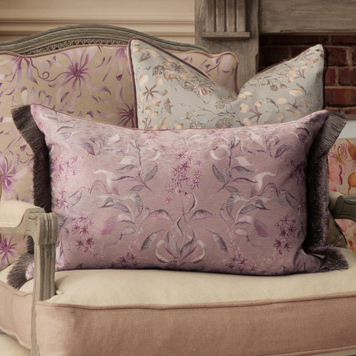 Damask Purple Cushions - Hettie Printed Ruche Fringe Feather Filled Cushion Viola Voyage Maison