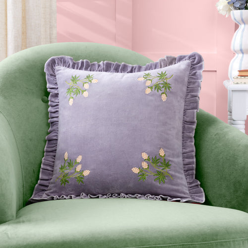 Floral Purple Cushions - Hettie Embroidered Velvet Cushion Cover Lilac furn.