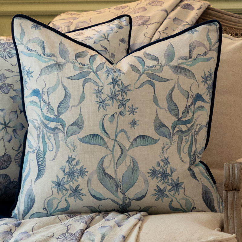 Damask Blue Cushions - Hettie Printed Piped Feather Filled Cushion Blue Voyage Maison