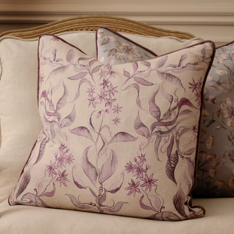 Damask Purple Cushions - Hettie Printed Piped Feather Filled Cushion Hyacinth Voyage Maison