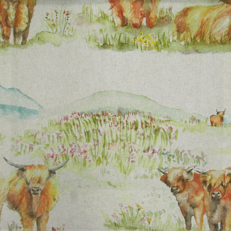 Highland Cattle Printed Fabric Sample Swatch Linen