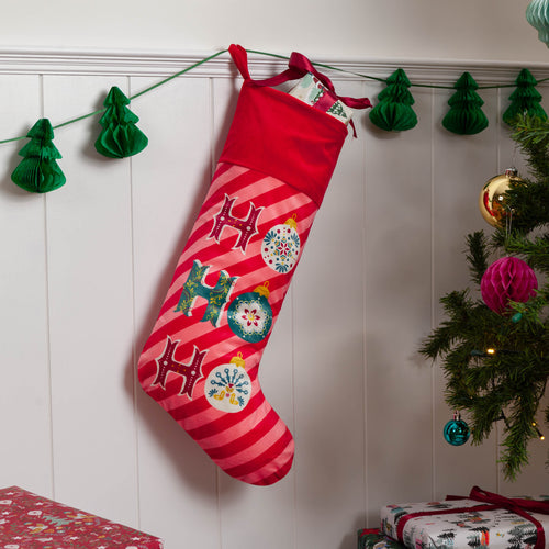 Striped Red Accessories - Ho Ho Ho Printed Velvet Xmas Stocking Red furn.