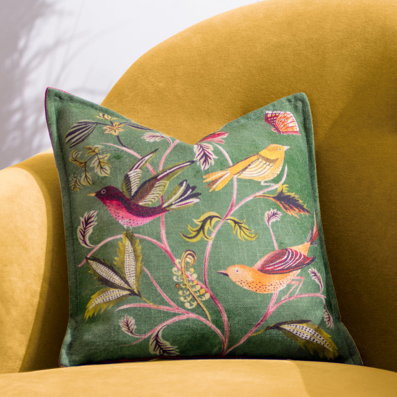 Wylder Holland Park Hedgerow Birds Cushion Cover in Green