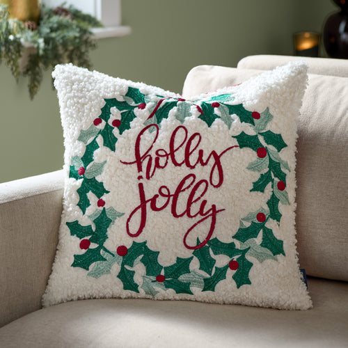  Multi Cushions - Holly Wreath Embroidered Cushion Cover Multicolour Furn