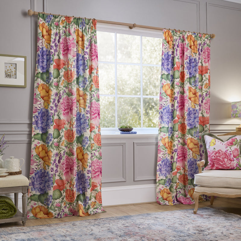Floral Pink Curtains - Idalia Printed Pencil Pleat Curtains Fuchsia Voyage Maison