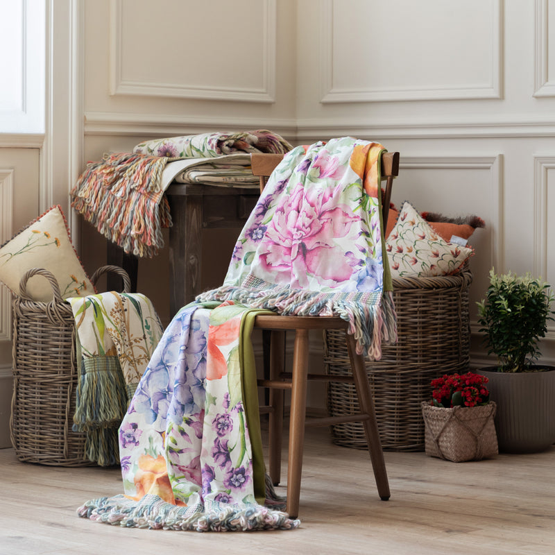 Floral Multi Throws - Idalia Printed Fringe Throw Fuschia Voyage Maison