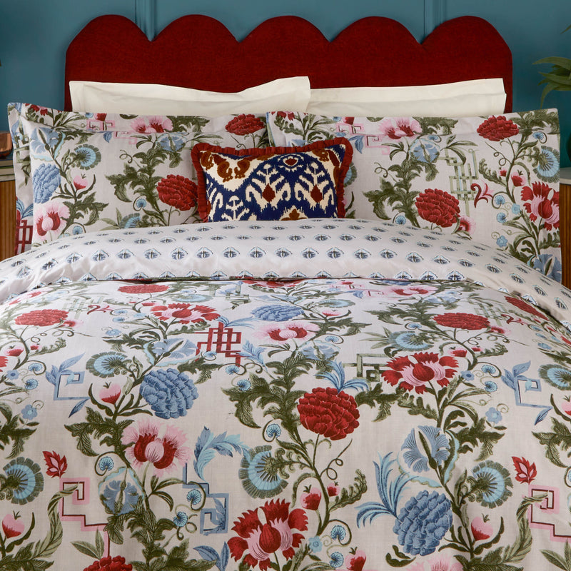 Floral Multi Bedding - Ishana Reversible Floral Duvet Cover Set Redcurrent/French Blue Seventy Three