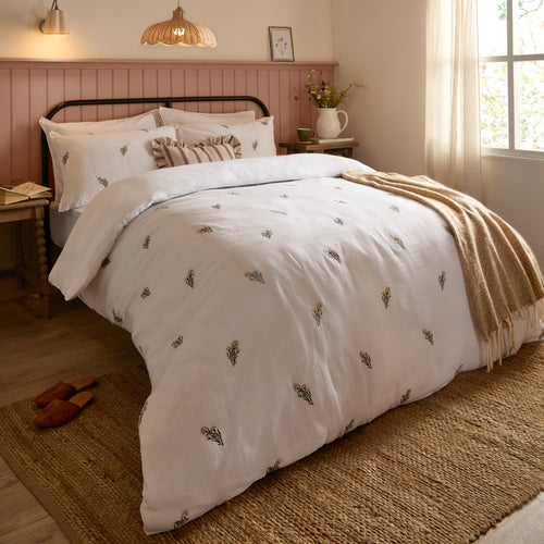 Floral White Bedding - Josephine Embroidered Muslin Duvet Cover Set White/Pink Wylder