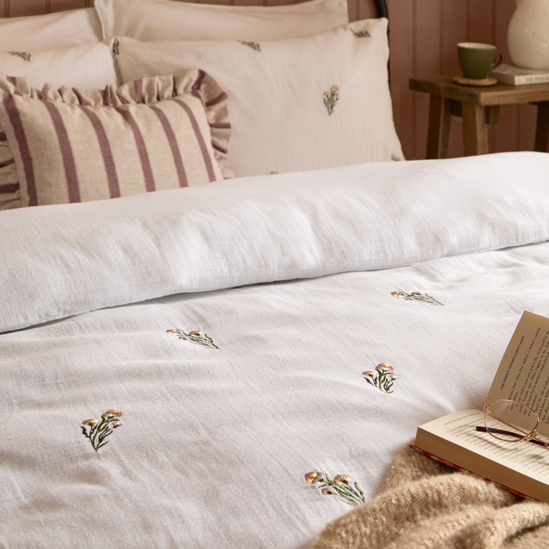 Floral White Bedding - Josephine Embroidered Muslin Duvet Cover Set White/Pink Wylder