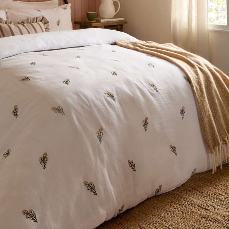 Floral White Bedding - Josephine Embroidered Muslin Duvet Cover Set White/Pink Wylder