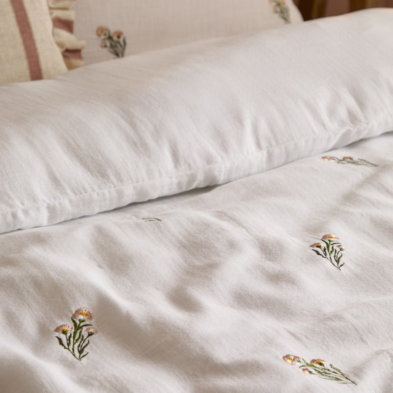 Floral White Bedding - Josephine Embroidered Muslin Duvet Cover Set White/Pink Wylder