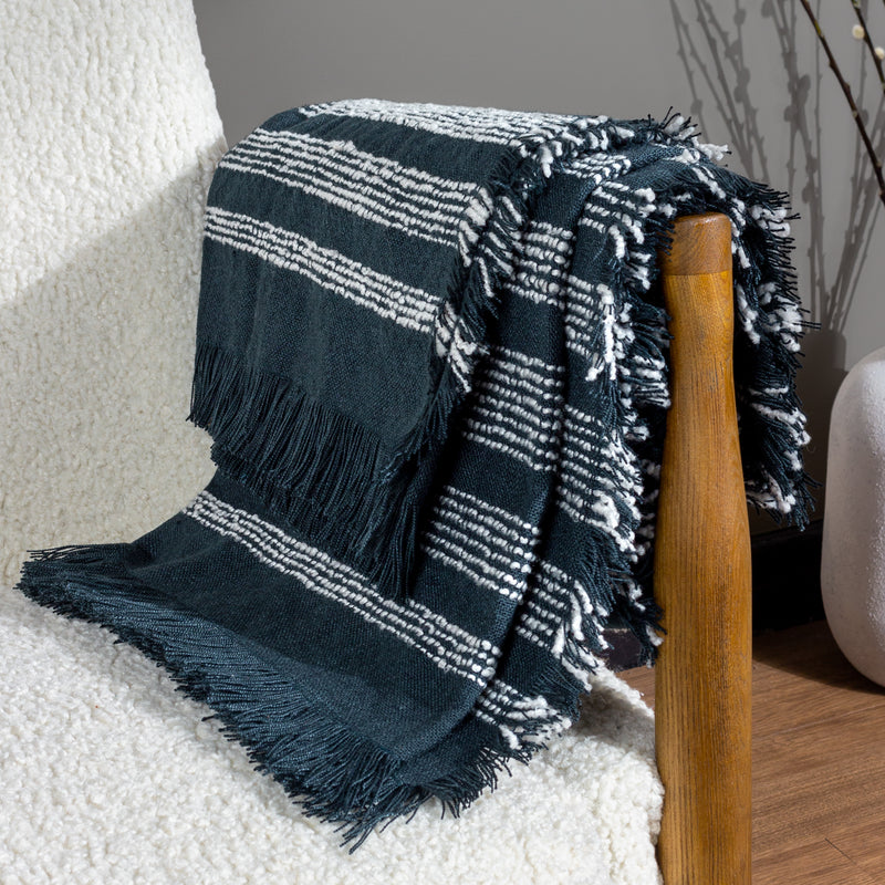 Striped Blue Throws - Jour Woven Fringed Throw Dusk Hoem