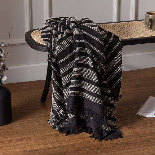 Striped Black Throws - Jour Woven Fringed Throw Noir HÖEM