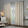 Plain Cream Curtains - Jupiter Chenille Jacquard Eyelet Curtains Ivory/Gold Paoletti