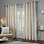 Plain Cream Curtains - Jupiter Chenille Jacquard Eyelet Curtains Ivory/Gold Paoletti