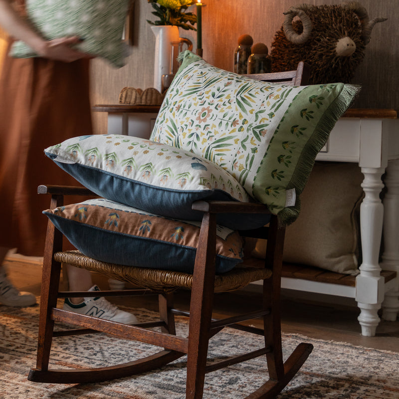 Geometric Green Cushions - Kari Printed Ruche Fringe Feather Filled Cushion Sage Voyage Maison