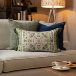 Geometric Green Cushions - Kari Printed Ruche Fringe Feather Filled Cushion Sage Voyage Maison