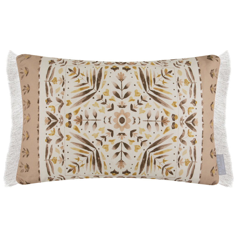 Geometric Brown Cushions - Kari Printed Ruche Fringe Feather Filled Cushion Stone Voyage Maison