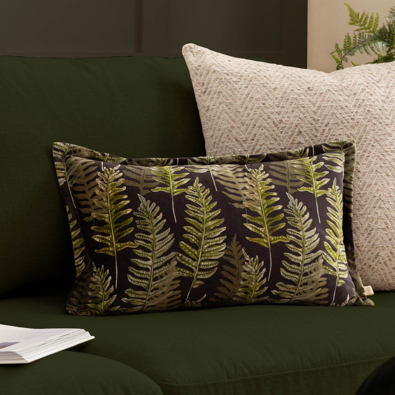 Woodland Black Cushions - Kielder Forest Fern Night Printed Velvet Cushion Cover Black Wylder